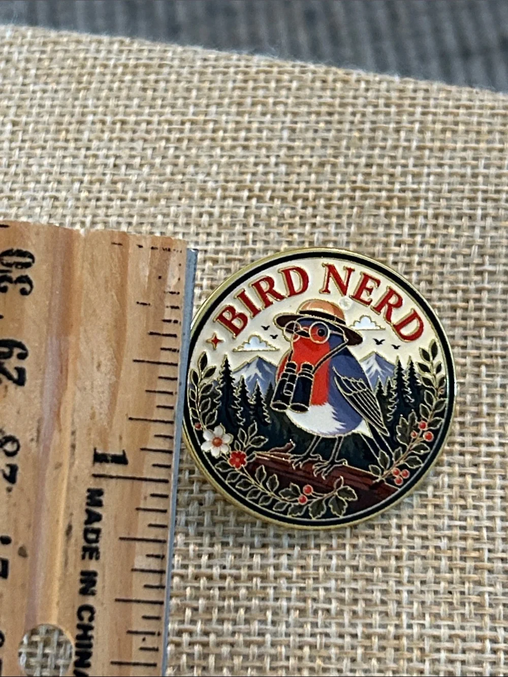 Bird Nerd Enamel Pin - Robin wearing binoculars in a garden forest scene